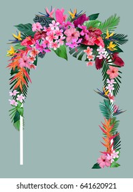 Wedding arch from tropical flowers for invitations to the wedding ceremony, greeting cards,Vector