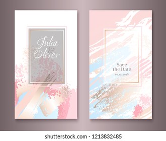 Wedding arrangement cards banners invitation templates collection. Save the date glamorous style golden foil shiny doodles brush stroke design. Hand drawn vector background