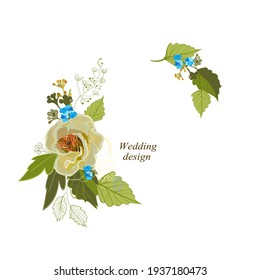 wedding arrangement with forget-me-nots and a large white flower on a white background
