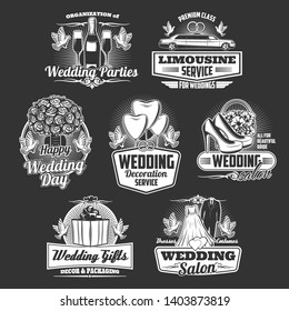 Wedding arrangement service, marriage ceremony, bride and bridegroom tailoring salon icons. Vector wedding dress boutique, limousine car rent company, flowers and gifts shop, party catering agency