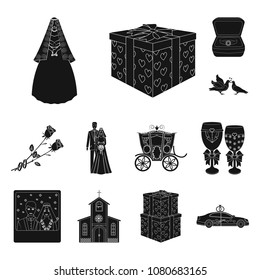 Wedding and Attributes black icons in set collection for design. Newlyweds and Accessories vector symbol stock web illustration.