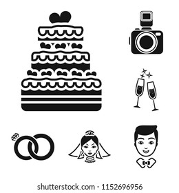 Wedding and Attributes black icons in set collection for design.Newlyweds and Accessories vector symbol stock web illustration.