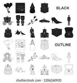 Wedding and Attributes black icons in set collection for design. Newlyweds and Accessories vector symbol stock web illustration.