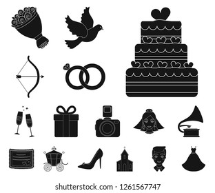 Wedding and Attributes black icons in set collection for design.Newlyweds and Accessories vector symbol stock web illustration.