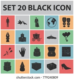 Wedding and Attributes black icons in set collection for design. Newlyweds and Accessories vector symbol stock web illustration.