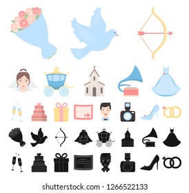 Wedding and Attributes cartoon, black icons in set collection for design.Newlyweds and Accessories vector symbol stock web illustration.