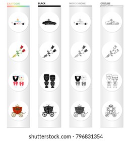 Wedding and Attributes cartoon black monochrome outline icons in set collection for design.Newlyweds and Accessories vector symbol stock web illustration.