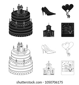 Wedding and Attributes cartoon ,flat,outline,black icons in set collection for design.Newlyweds and Accessories vector symbol stock web illustration.