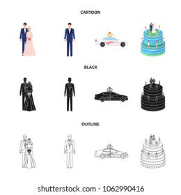 Wedding and Attributes cartoon ,flat,outline,black icons in set collection for design.Newlyweds and Accessories vector symbol stock web illustration.