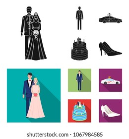 Wedding and Attributes cartoon ,flat,outline,black icons in set collection for design.Newlyweds and Accessories vector symbol stock web illustration.