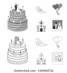 Wedding and Attributes cartoon ,flat,outline,black icons in set collection for design.Newlyweds and Accessories vector symbol stock web illustration.