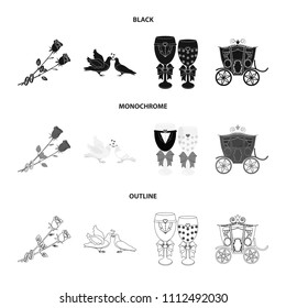 Wedding and Attributes cartoon ,flat,outline,black icons in set collection for design.Newlyweds and Accessories vector symbol stock web illustration.