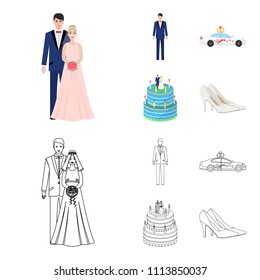 Wedding and Attributes cartoon ,flat,outline,black icons in set collection for design.Newlyweds and Accessories vector symbol stock web illustration.