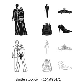 Wedding and Attributes cartoon ,flat,outline,black icons in set collection for design.Newlyweds and Accessories vector symbol stock web illustration.