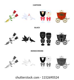 Wedding and Attributes cartoon ,flat,outline,black icons in set collection for design.Newlyweds and Accessories vector symbol stock web illustration.