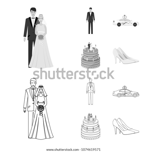 Wedding and Attributes cartoon\
,flat,outline,black icons in set collection for design.Newlyweds\
and Accessories vector symbol stock web\
illustration.