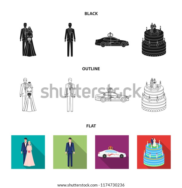 Wedding and Attributes cartoon
,flat,outline,black icons in set collection for design.Newlyweds
and Accessories vector symbol stock web
illustration.