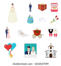 Wedding and Attributes cartoon icons in set collection for design. Newlyweds and Accessories vector symbol stock web illustration.