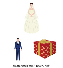 Wedding and Attributes cartoon icons in set collection for design.Newlyweds and Accessories vector symbol stock web illustration.