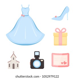 Wedding and Attributes cartoon icons in set collection for design.Newlyweds and Accessories vector symbol stock web illustration.
