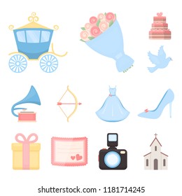 Wedding and Attributes cartoon icons in set collection for design.Newlyweds and Accessories vector symbol stock web illustration.