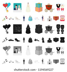 Wedding and Attributes cartoon icons in set collection for design. Newlyweds and Accessories vector symbol stock web illustration.