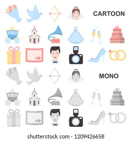 Wedding and Attributes cartoon icons in set collection for design.Newlyweds and Accessories vector symbol stock web illustration.