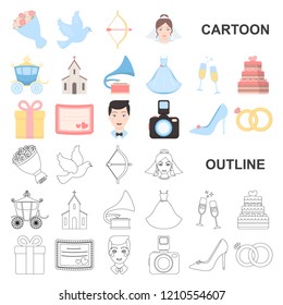 Wedding and Attributes cartoon icons in set collection for design.Newlyweds and Accessories vector symbol stock web illustration.