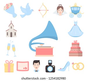 Wedding and Attributes cartoon icons in set collection for design.Newlyweds and Accessories vector symbol stock web illustration.