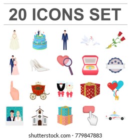 Wedding and Attributes cartoon icons in set collection for design. Newlyweds and Accessories vector symbol stock web illustration.