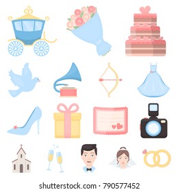 Wedding and Attributes cartoon icons in set collection for design.Newlyweds and Accessories vector symbol stock web illustration.