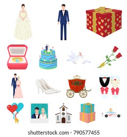 Wedding and Attributes cartoon icons in set collection for design. Newlyweds and Accessories vector symbol stock web illustration.