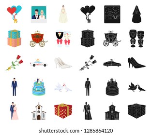 Wedding and Attributes cartoon,black icons in set collection for design. Newlyweds and Accessories vector symbol stock web illustration.