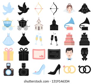 Wedding and Attributes cartoon,black icons in set collection for design.Newlyweds and Accessories vector symbol stock web illustration.