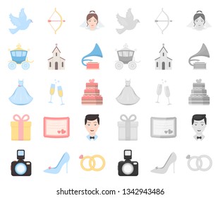 Wedding and Attributes cartoon,mono icons in set collection for design.Newlyweds and Accessories vector symbol stock web illustration.