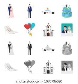 Wedding and Attributes cartoon,monochrome icons in set collection for design.Newlyweds and Accessories vector symbol stock web illustration.