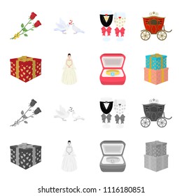 Wedding and Attributes cartoon,monochrome icons in set collection for design.Newlyweds and Accessories vector symbol stock web illustration.