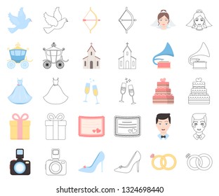 Wedding and Attributes cartoon,outline icons in set collection for design.Newlyweds and Accessories vector symbol stock web illustration.