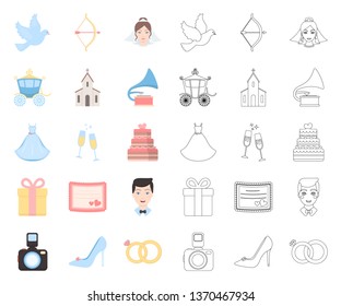 Wedding and Attributes cartoon,outline icons in set collection for design.Newlyweds and Accessories vector symbol stock web illustration.