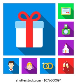 Wedding and Attributes flat icons in set collection for design.Newlyweds and Accessories vector symbol stock web illustration.