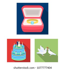 Wedding and Attributes flat icons in set collection for design.Newlyweds and Accessories vector symbol stock web illustration.