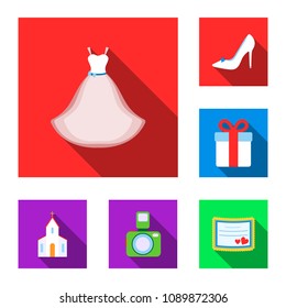 Wedding and Attributes flat icons in set collection for design.Newlyweds and Accessories vector symbol stock web illustration.