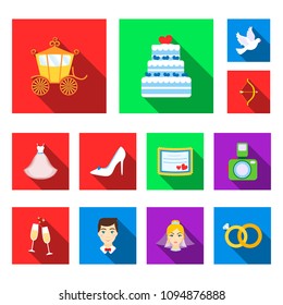 Wedding and Attributes flat icons in set collection for design.Newlyweds and Accessories vector symbol stock web illustration.