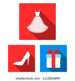 Wedding and Attributes flat icons in set collection for design.Newlyweds and Accessories vector symbol stock web illustration.
