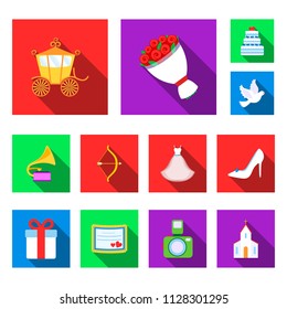 Wedding and Attributes flat icons in set collection for design.Newlyweds and Accessories vector symbol stock web illustration.