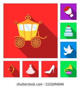 Wedding and Attributes flat icons in set collection for design.Newlyweds and Accessories vector symbol stock web illustration.
