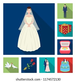 Wedding and Attributes flat icons in set collection for design.Newlyweds and Accessories vector symbol stock web illustration.