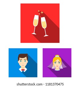 Wedding and Attributes flat icons in set collection for design.Newlyweds and Accessories vector symbol stock web illustration.