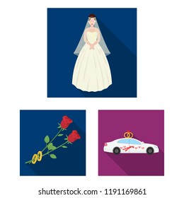 Wedding and Attributes flat icons in set collection for design.Newlyweds and Accessories vector symbol stock web illustration.