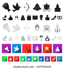 Wedding and Attributes flat icons in set collection for design.Newlyweds and Accessories vector symbol stock web illustration.
